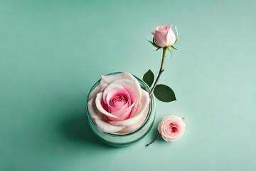 Hybrid Tea Rose arrangement in a vase on a light green background