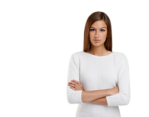 Portrait, serious and woman with arms crossed isolated on a transparent png background. Face,...