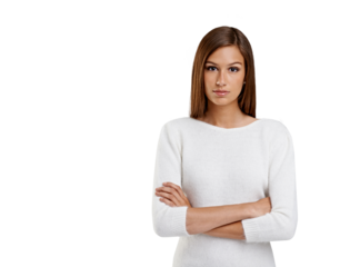 Portrait, serious and woman with arms crossed isolated on a transparent png background. Face, fashion and confident female person from Australia with casual clothes, outfit style and trendy sweater.