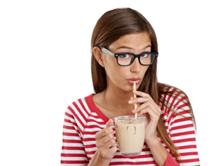 Milkshake, drinking and portrait of woman or student and fun drink for gen z cafe or coffee shop. Ice tea of college person, customer or model in trendy glasses isolated on transparent png background
