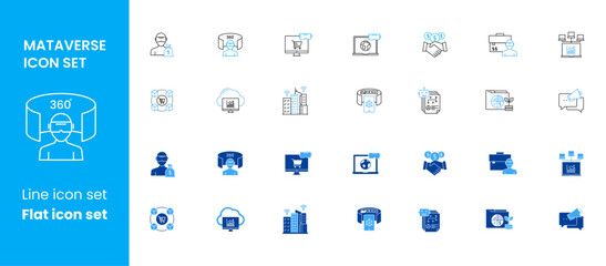 Vector Outline Metaverse icon set , Avatar , Virtual reality Glasses, Future Technology, web 3.0 icons flat and line.