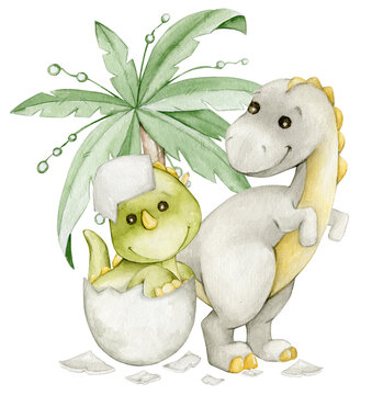 Cute dinosaurs in cartoon style, watercolor clipart on an isolated background.