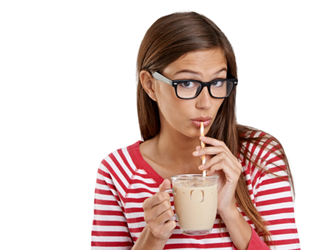 Milkshake, drinking and portrait of woman or student and fun drink for gen z cafe or coffee shop. Ice tea of college person, customer or model in trendy glasses isolated on transparent png background - Powered by Adobe