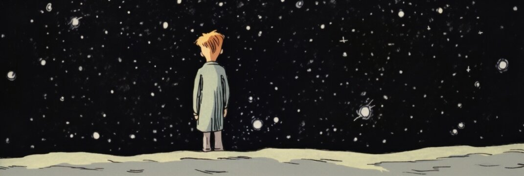 The boy looks at the night sky, full of stars. Concept of hope. Generative AI