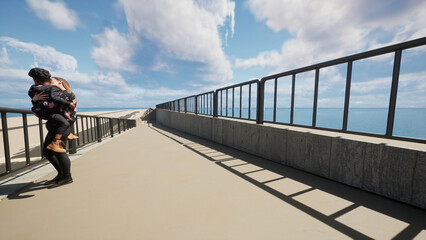 ビーチサイドのスロープで男の子を抱きしめる母親