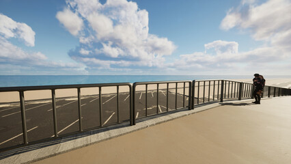 ビーチサイドの駐車場のスロープで子供を抱き上げる母親