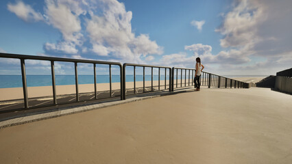 ビーチサイドのパーキングのスロープで海を見つめる若い女性