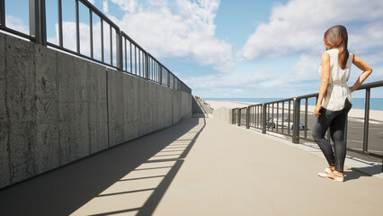 夏の日差しを受けて海を見つめる若い女性が佇む海岸パーキングの遊歩道