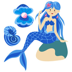 Vector illustration of a cute blue mermaid princess with colorful hair and other underwater elements. Seashells, a shell with pearls, stones all in her color Childrens illustration in the marine theme