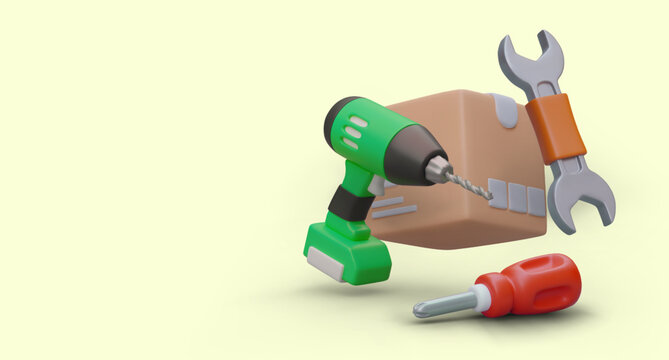 Online store of tools for repair and construction services, forwarding by mail. 3D cardboard box, screwdriver, wrench, electric drill. Advertising poster in modern style