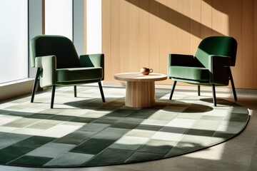 Minimalist concept of home interior with retro armchair, pendant lamp, wooden wall panels and direct sunrays