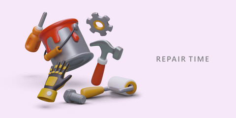 Repair time. Advertising banner on light purple background. Individual tools for minor and major repairs. Large catalog of modern equipment. Vector concept for online store