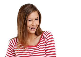 Fototapeta premium Wink, fashion and portrait of woman flirting on isolated, png and transparent background. Love, natural beauty and face of happy female person with romantic sign in trendy, style and casual clothes