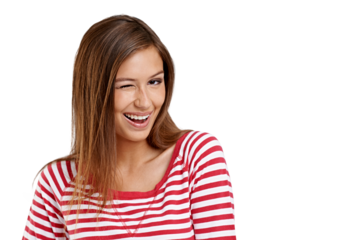 Wink, fashion and portrait of woman flirting on isolated, png and transparent background. Love, natural beauty and face of happy female person with romantic sign in trendy, style and casual clothes