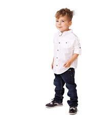 Happy, fashion or boy child with a smile, happiness or cool style isolated on transparent png...