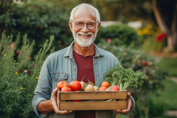 senior person holding a basket of vegetables, smiling retired mature elderly man in his garden with crop of vegetables, created with Generative AI - obrazy, fototapety, plakaty
