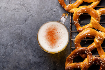 Freshly baked homemade pretzels and draft beer