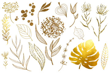 Set of hand-drawn shiny leaves of trees, metal twigs with glittering leaves of abstract plants, sparkling dry leaf of palm, splashes of gold, a spatter of gold elemets for invitation, bannres, cards © Anna