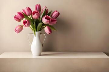 Tulip bouquet in a vase on a beige background