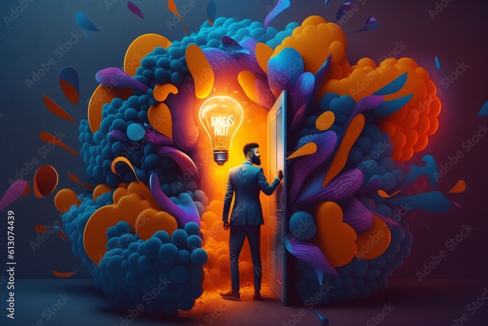 Canvas Prints bright idea and creative thinking, visualization of brainstorming, a colorful glowing idea bulb lamp