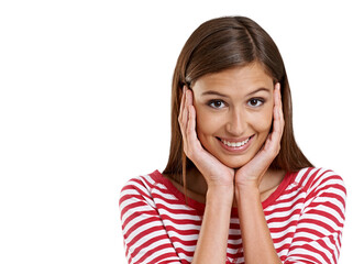 Fototapeta premium Happy, smile and portrait of young woman holding her face with confidence and beauty. Casual, excited and headshot of pretty female model with positive mindset isolated by transparent png background.