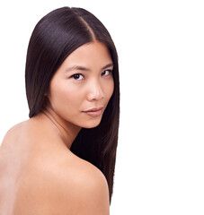 Fototapeta premium Asian woman, portrait and hair in natural beauty or salon treatment isolated on a transparent PNG background. Face of female person or model with long hairstyle in relax for cosmetic haircare product