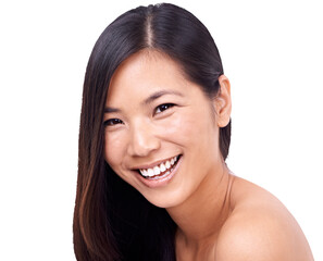 Happy asian woman, portrait smile and natural beauty for salon treatment isolated on a transparent PNG background. Face of female person or model smiling for haircare cosmetics, products or keratin
