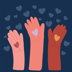 Cartoon vector illustration of hands up with hearts on it