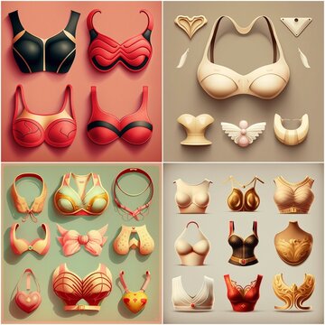 Bra design flat icons set. Female torso in different types of