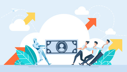 Competition of artificial intelligence with humans. Robot takes away work and money from workers. People team tug money of war battle with robot. Human vs cyborg competition. Vector illustration - obrazy, fototapety, plakaty