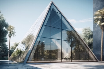 Contemporary triangle shape design modern Architecture building exterior with glass, concrete and steel element. Noon scene. Photorealistic 3D rendering, generative AI