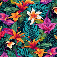 Fototapeta na wymiar Tropical flowers, Palm leaves on white background, watercolor botanical. Seamless patterns