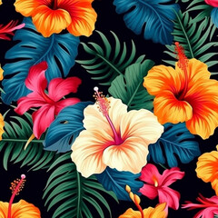 Obraz premium Vector seamless pattern of green tropical leaves with plumeria, strelitzia and hibiscus flowers on black background. Summer or spring repeat tropical backdrop. Exotic jungle ornament
