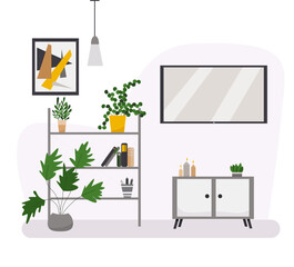White living room interior design with posters and shelves, tv, indoor plants. Vector flat illustration.