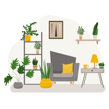 White living room interior design with armchair, indoor plants. Vector flat illustration.