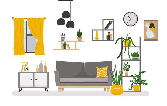 Interior design of a white living room with posters and a sofa, indoor plants. Vector flat illustration.