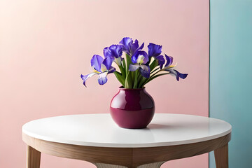 Iris vase arrangement on a light pink background