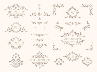 Set of decorative elements in classical style. Floral ornamental monogram frames and borders, corners. Graphic design pages, business sign, boutiques; cafes, hotels.