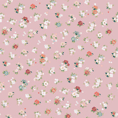 Fashionable pattern with small flowers on a pink background. Seamless botanical print with various floral elements. Collection of vintage textiles.