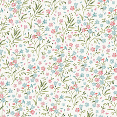 A wonderful floral pattern with pink and blue flowers. The pattern is in retro style and pastel colors. Vector seamless pattern on a light background.