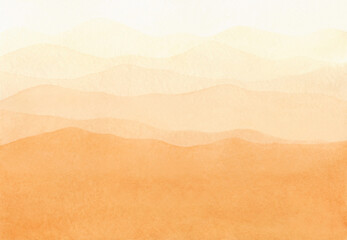 Watercolor background with a panoramic view of the mountains, hills, desert, in pastel yellow, orange and brown shades. Drawn by hand. For design and decoration with place for text. - obrazy, fototapety, plakaty