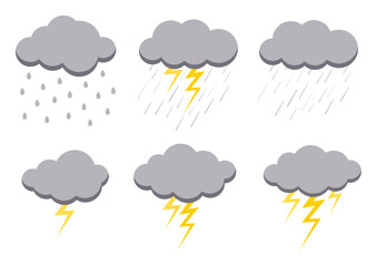 Clouds with rainy weather icon set isolated on white background. Illustration of light rain, shower, lightning thunder and thunderstorm. Rainy cloud vector collection in flat cartoon style.