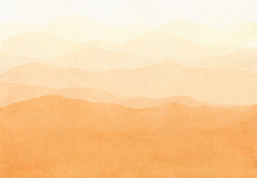 Watercolor background with a panoramic view of the mountains, hills, desert, in pastel yellow, orange and brown shades. Drawn by hand. For design and decoration with place for text.
