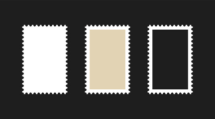 Postage stamp frames set. Empty border template for postcards and letters. Blank rectangle and square vintage postage stamps with perforated edge. Vector illustration isolated on black background.