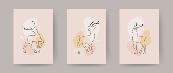 Set of posters with deer silhouettes. Wild animals with antlers on white background. Vector flat illustration.