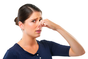Stink, portrait of a woman pinch her nose for smell of fart and isolated against a transparent png...