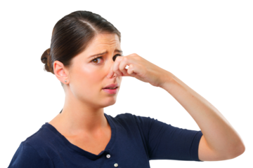 Stink, portrait of a woman pinch her nose for smell of fart and isolated against a transparent png background. Disgusted, stinking and young female person pose for covering of a smelly scent