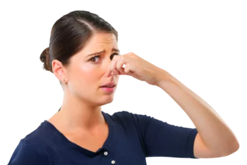 Foto op Canvas Stink, portrait of a woman pinch her nose for smell of fart and isolated against a transparent png background. Disgusted, stinking and young female person pose for covering of a smelly scent © Khushboo Sumeet/peopleimages.com