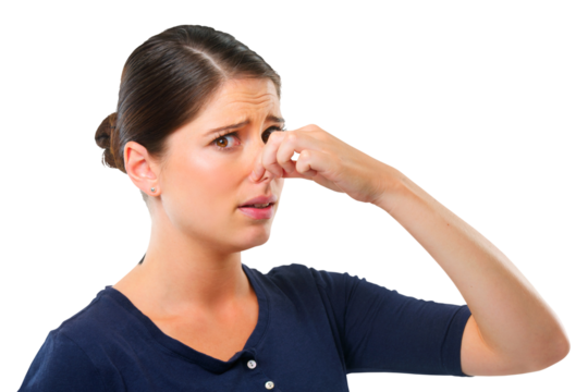 Stink, portrait of a woman pinch her nose for smell of fart and isolated against a transparent png background. Disgusted, stinking and young female person pose for covering of a smelly scent