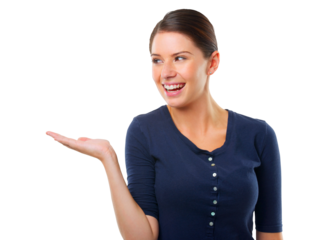 Hand, choice and happy woman for offer, presentation or information isolated on transparent png background. Palm sign, giving or decision of young person or model for ideas, inspiration or questions